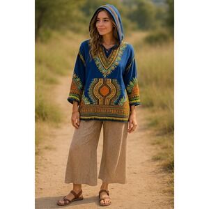 Earthbound L Dashiki Print Lightweight Hoodie Blue Boho Tribal Festival Pullover